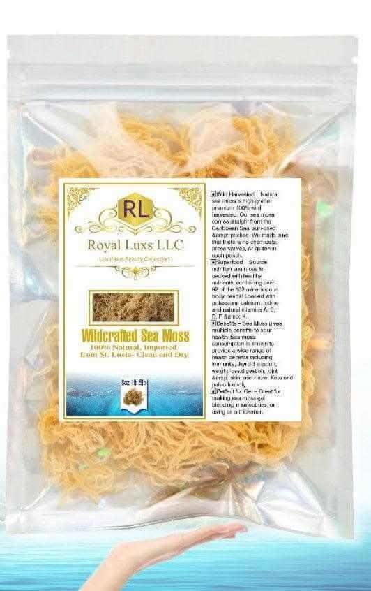 Royal Luxs LLC wildcrafted sea moss in clear resealable bag for herbal wellness starter kit