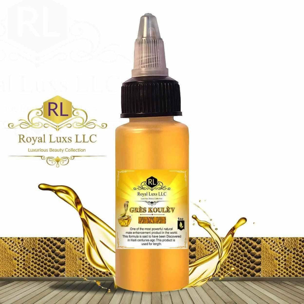 RoyalLuxsLLC Mandingo Miracle Oil in a yellow dropper bottle with gold oil splash background