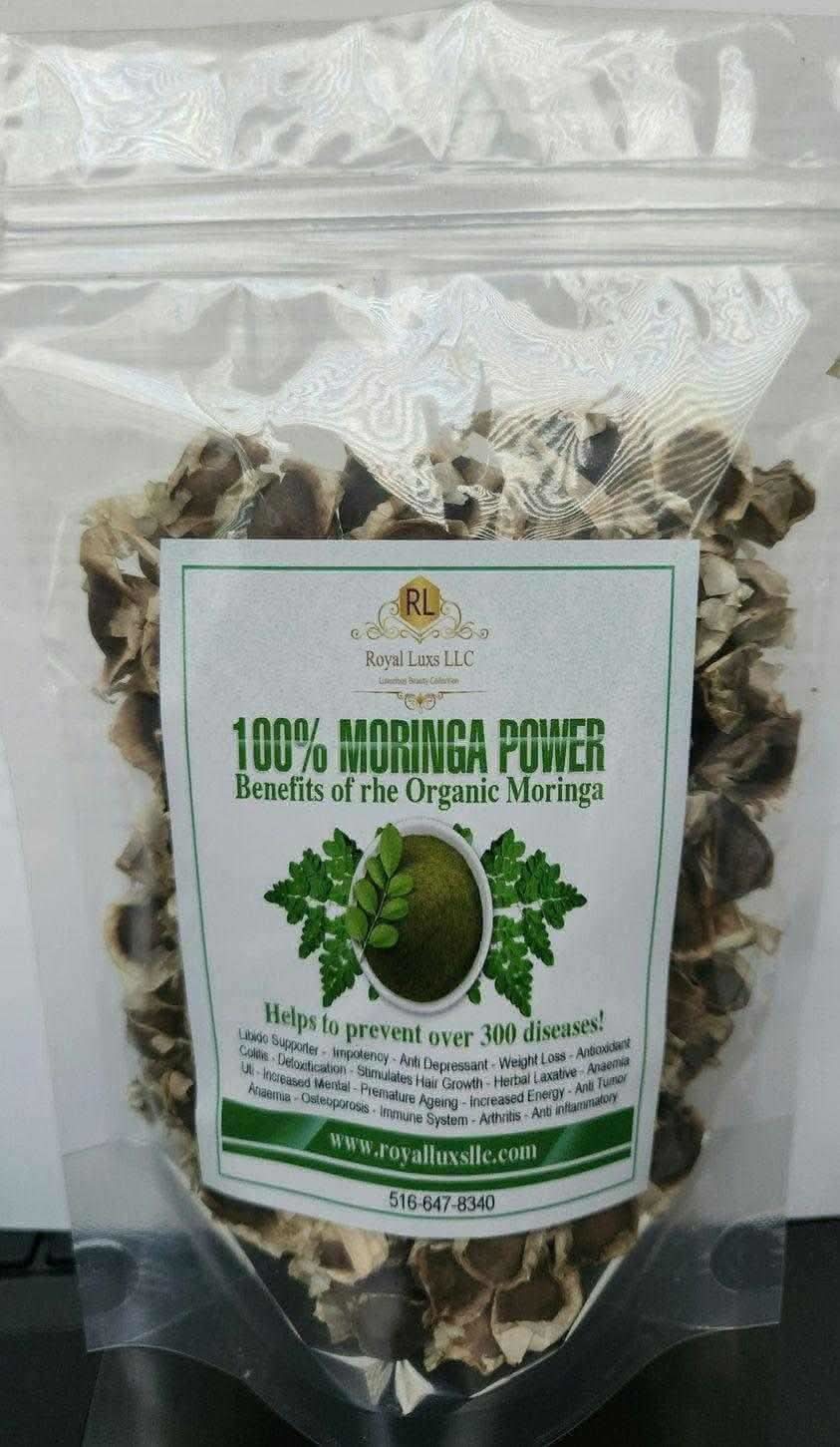RoyalLuxsLLC 100 percent moringa powder in clear resealable bag labeled moringa seed snack