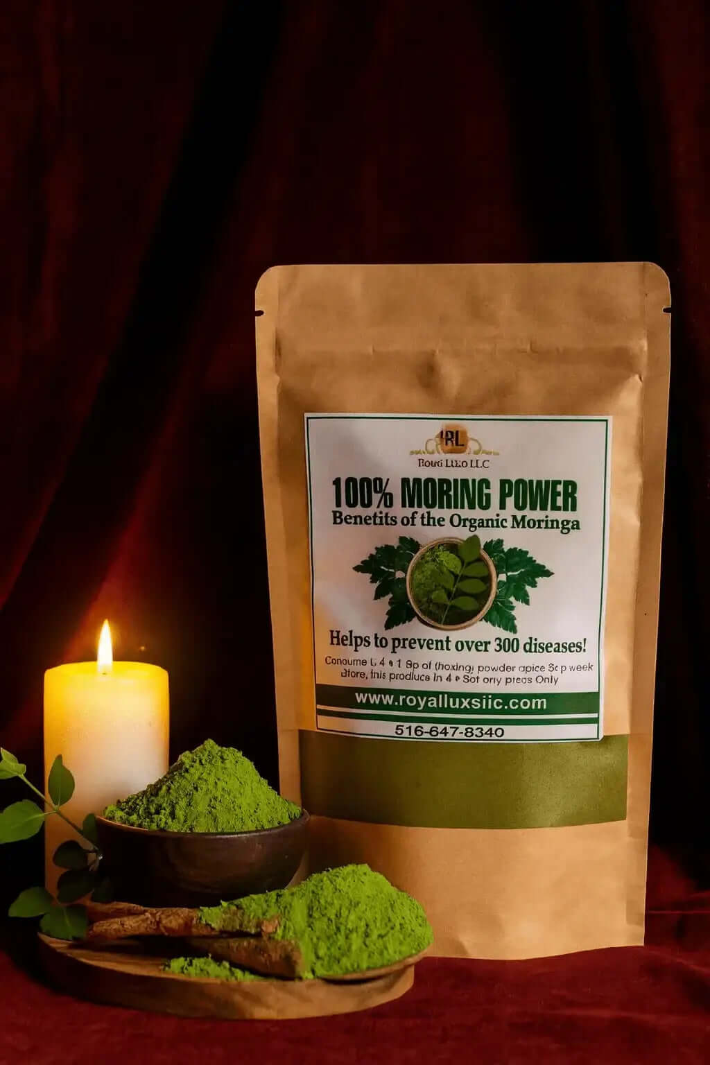RoyalLuxsLLC organic moringa leaf powder in a brown resealable pouch with green powder and candle
