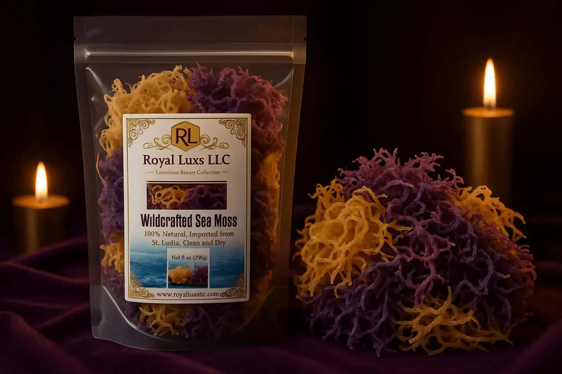 RoyalLuxsLLC wildcrafted sea moss St Lucia in resealable pouch with purple and yellow sea moss by candlelight