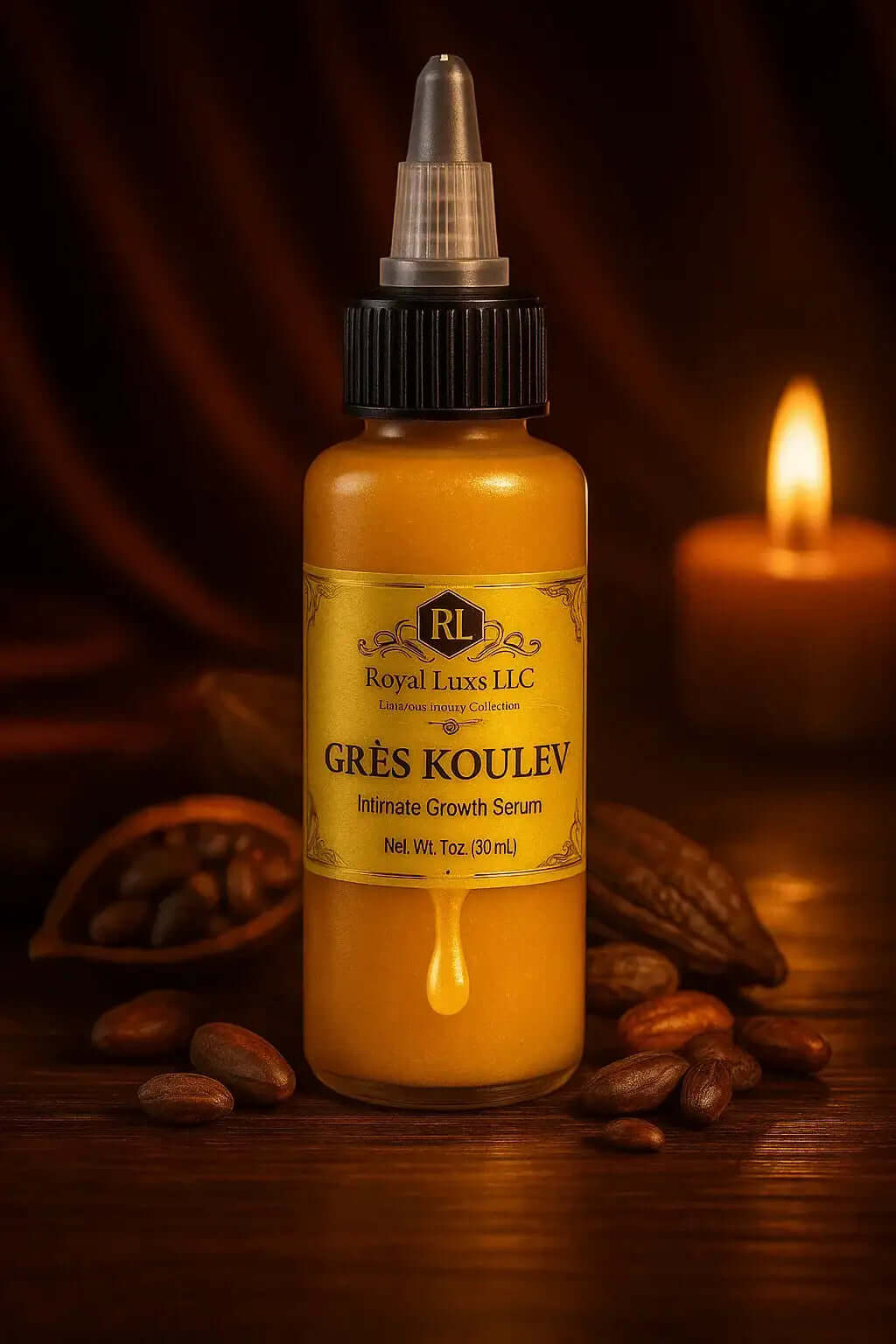 RoyalLuxsLLC Mandingo Miracle Oil Grès Koulev Intimate Growth Serum bottle with nuts and candle background