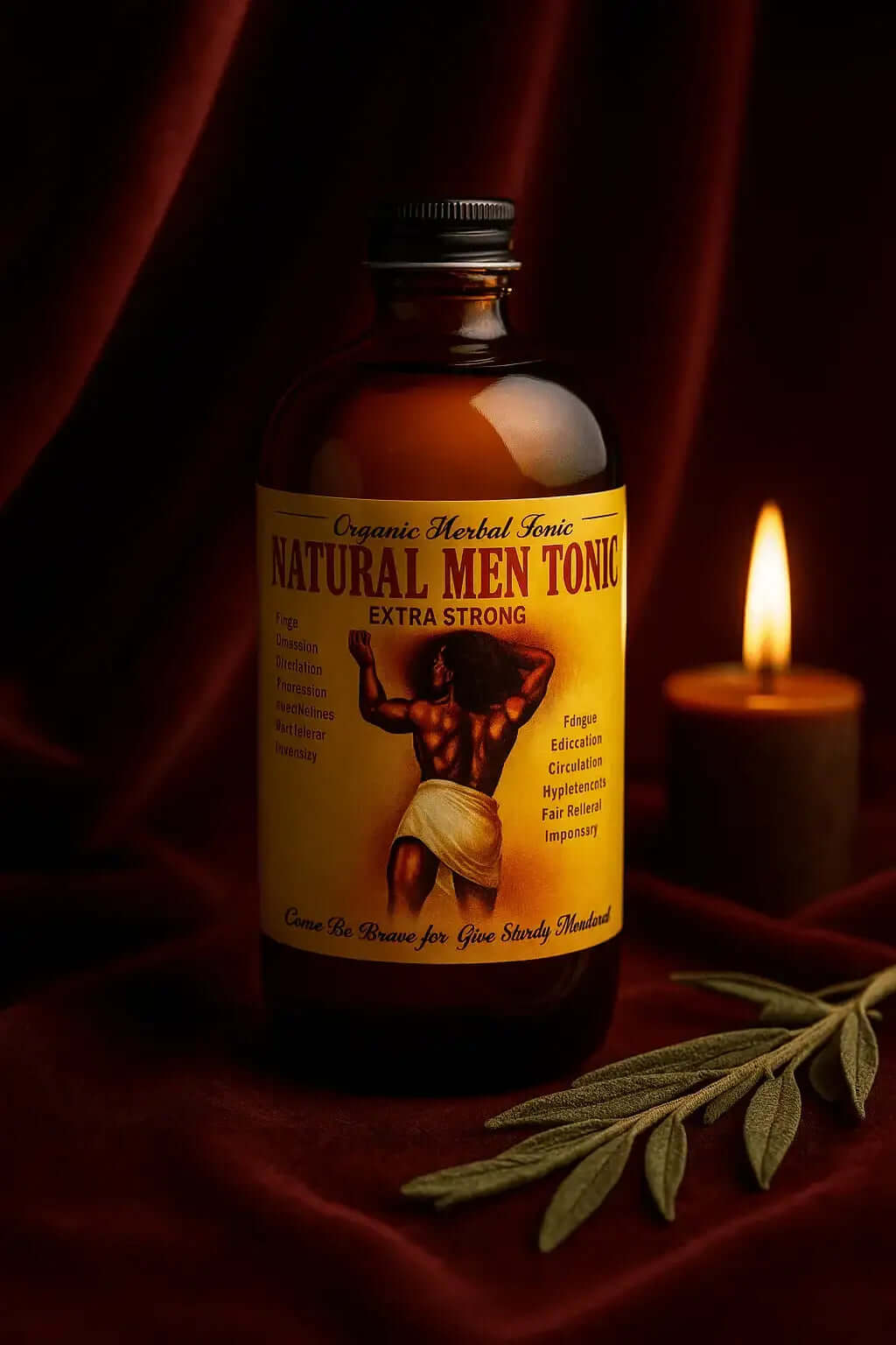 RoyalLuxsLLC natural men tonic bottle with herbal ingredients on dark background with candle and leaves