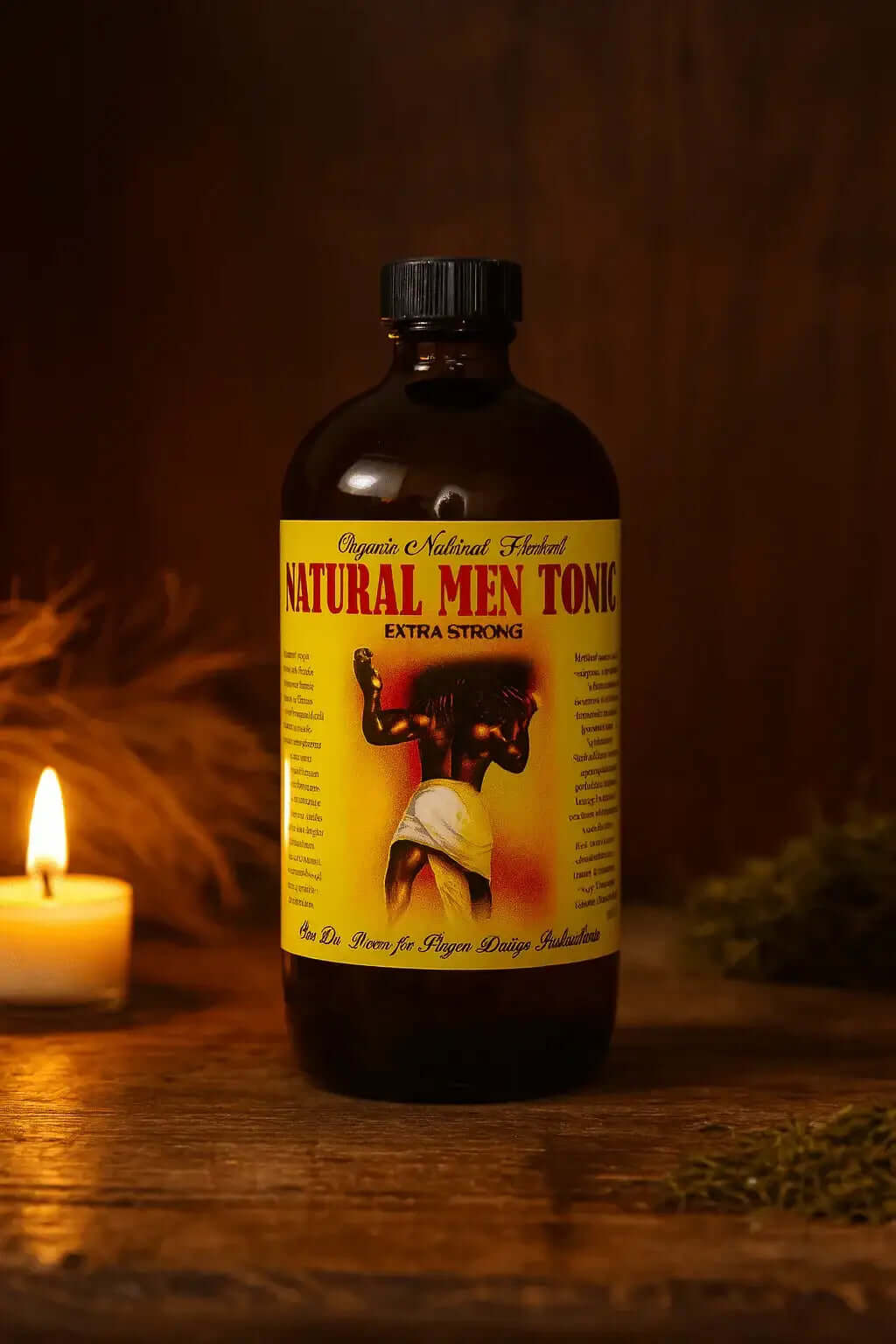 RoyalLuxsLLC natural men tonic in a dark brown bottle with yellow label and vintage design