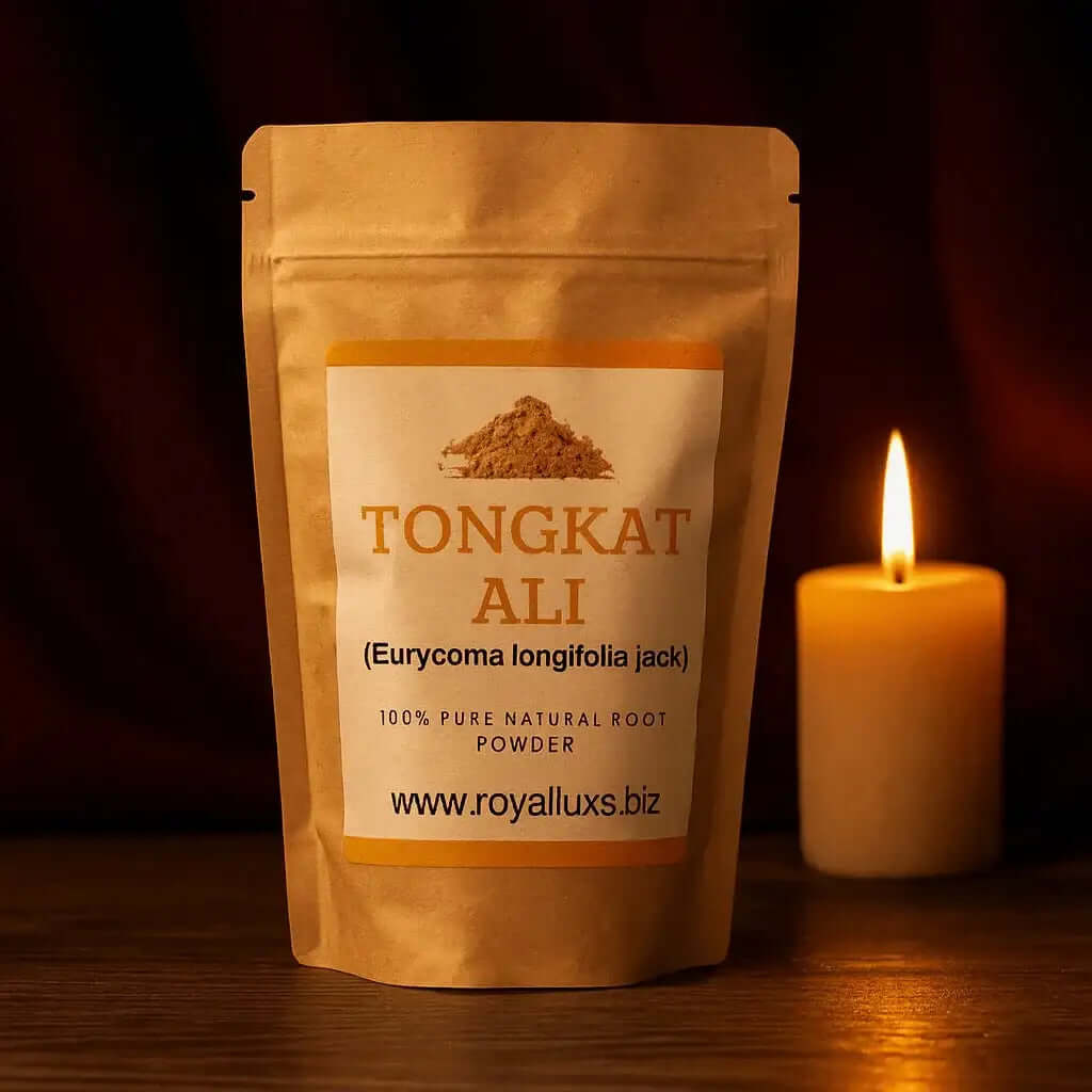 RoyalLuxsLLC Tongkat Ali root powder 100 percent pure natural root powder in brown resealable pouch