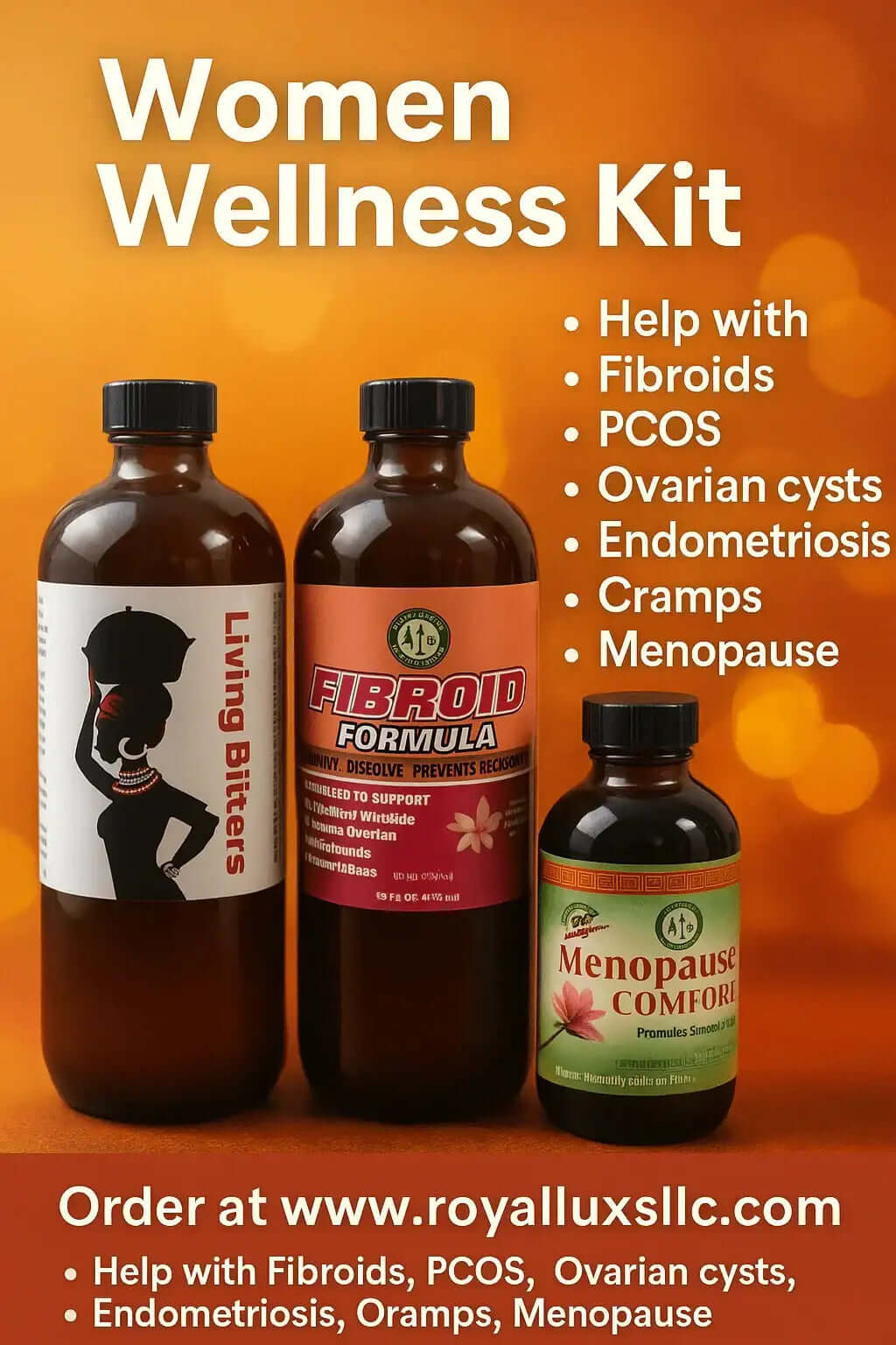Women's herbal wellness kit with Living Bitters, Fibroid Formula, and Menopause Comfort bottles