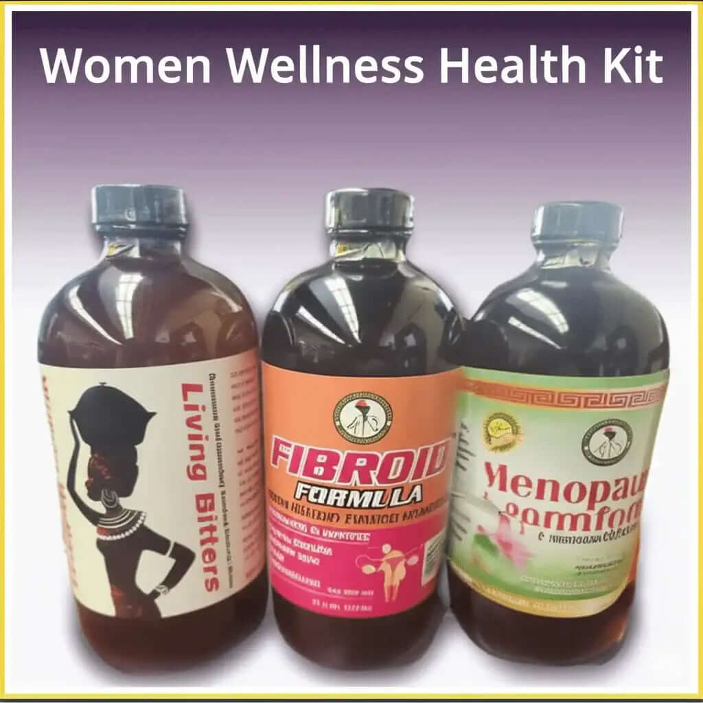 RoyalLuxsLLC women's herbal wellness kit featuring Living Bitters Fibroid Formula and Menopause Complex bottles