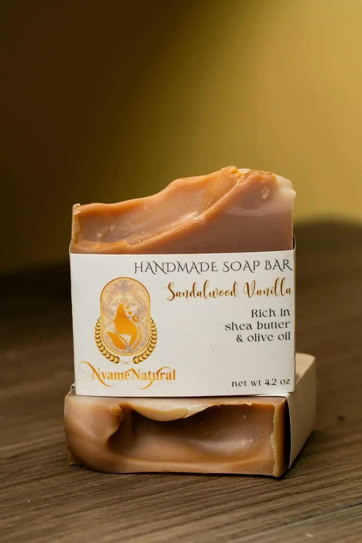 Sandalwood Vanilla Soap Bar, handmade, moisturizing formula with shea butter and olive oil, offering skin nourishment.