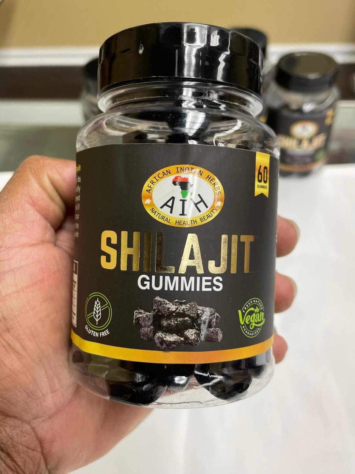 Bottle of AIH Shilajit Gummies showcasing natural ingredients, promoting energy boost and detox benefits.