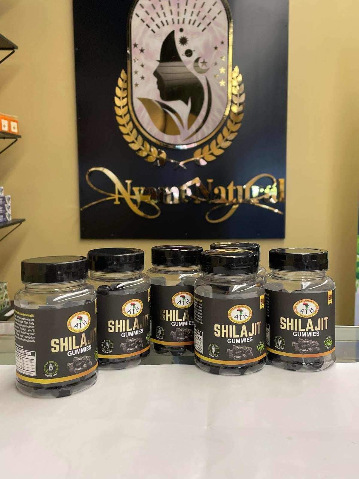 Shilajit Gummies displayed on shelf, promoting detox and cleanse benefits with herbal tonic ingredients.