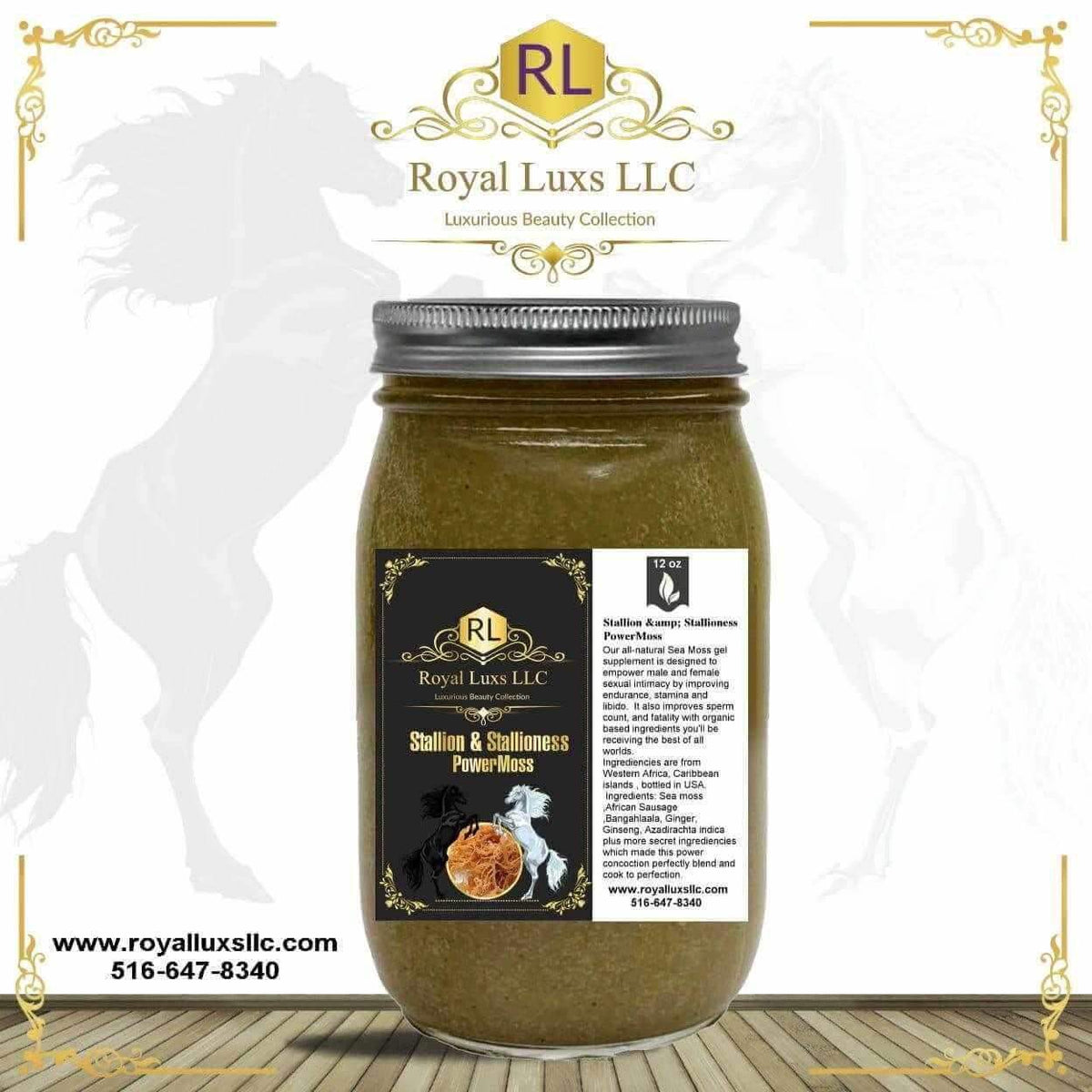 Stallioness PowerMoss – Herbal Vitality Blend for Men & Women in a glass jar, featuring natural ingredients and wellness benefits.