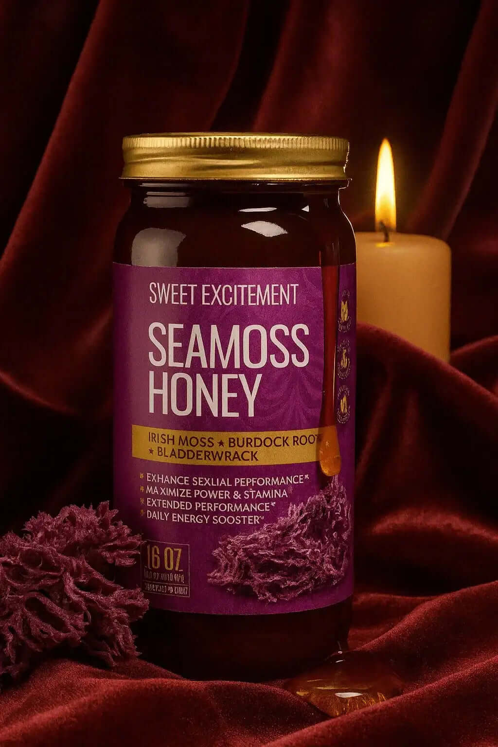 Sea Moss Honey with Burdock Root 16 OZ jar showcasing wellness benefits and herbal tonic properties.