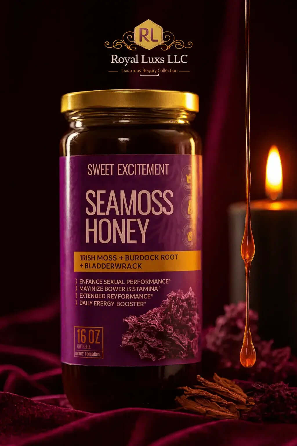 RoyalLuxsLLC Sea moss honey with burdock root in a 16 oz jar with dark purple label and golden lid