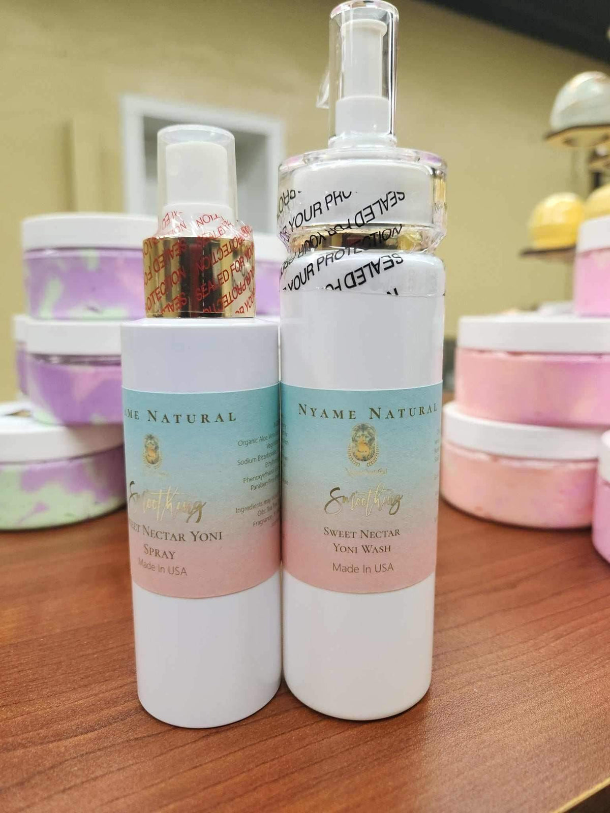 Sweet Yoni Wash & Spray kit showcasing Sweet Nectar Yoni Spray and Wash bottles for intimate care and freshness.