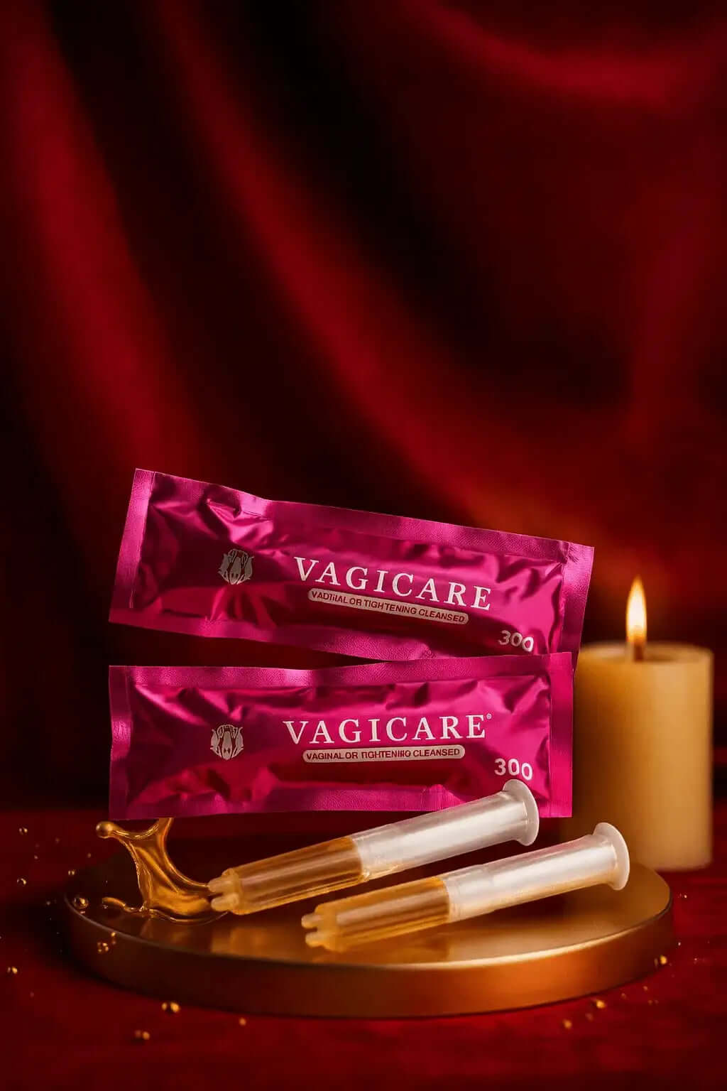 RoyalLuxsLLC Vagicare herbal vaginal tightening gel sachets with applicators on gold tray and candle background