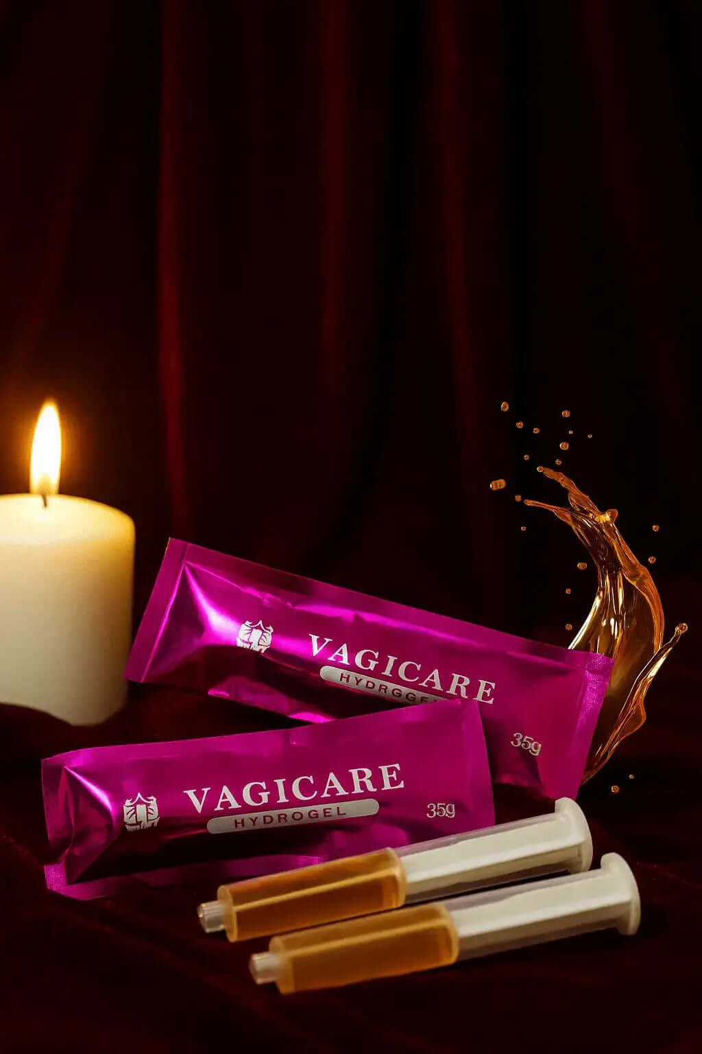 RoyalLuxsLLC Vagicare herbal vaginal tightening gel in pink tubes with applicator syringes and candle background