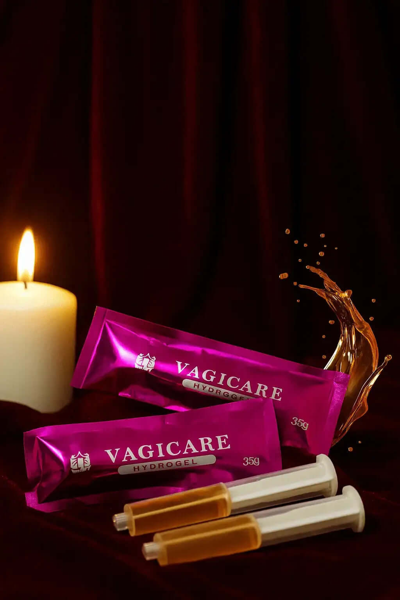 RoyalLuxsLLC Vagicare herbal vaginal tightening gel in pink tubes with applicator syringes and candle background