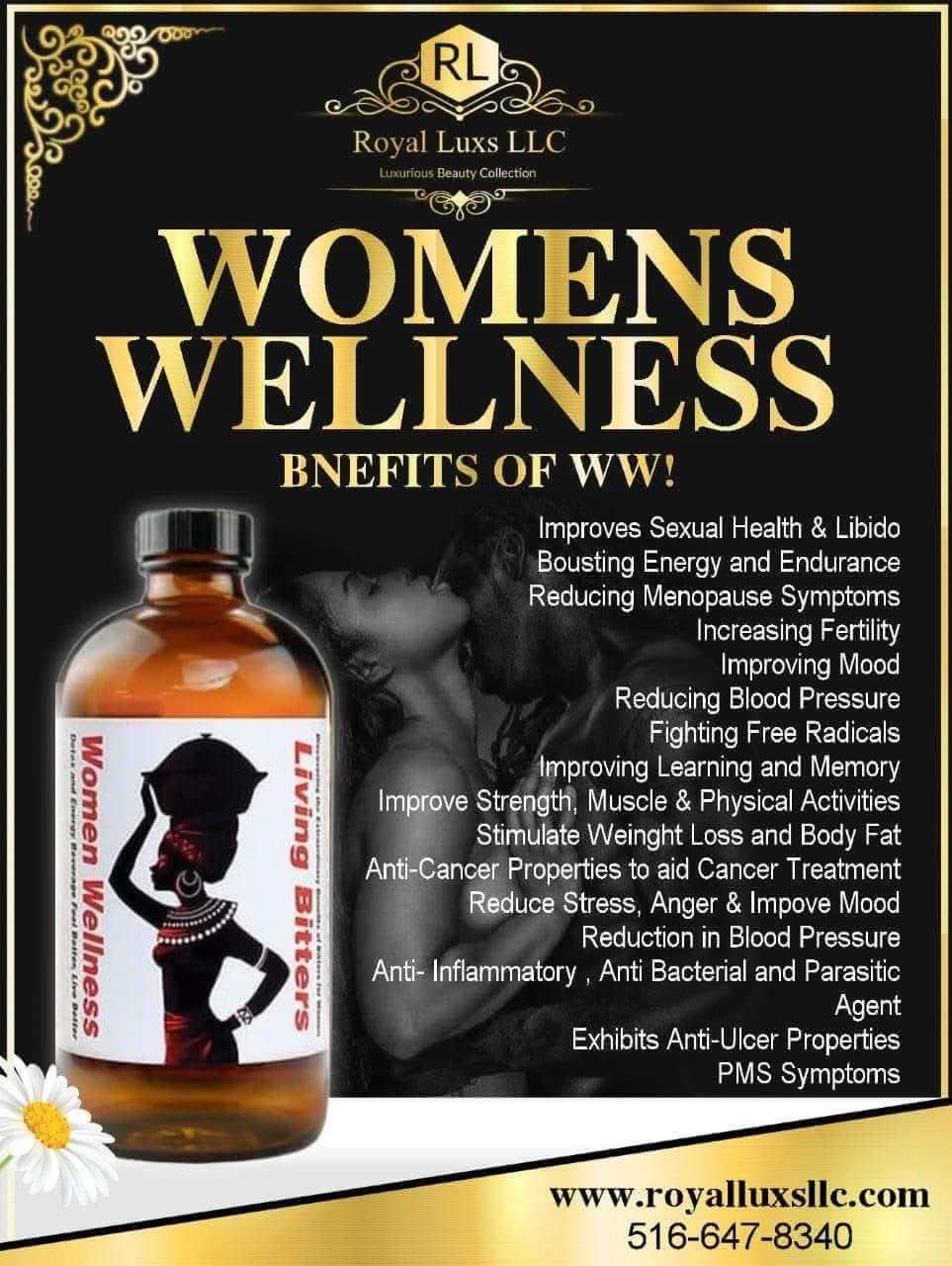 RoyalLuxsLLC women wellness living bitters bottle highlighting benefits like improved mood and energy