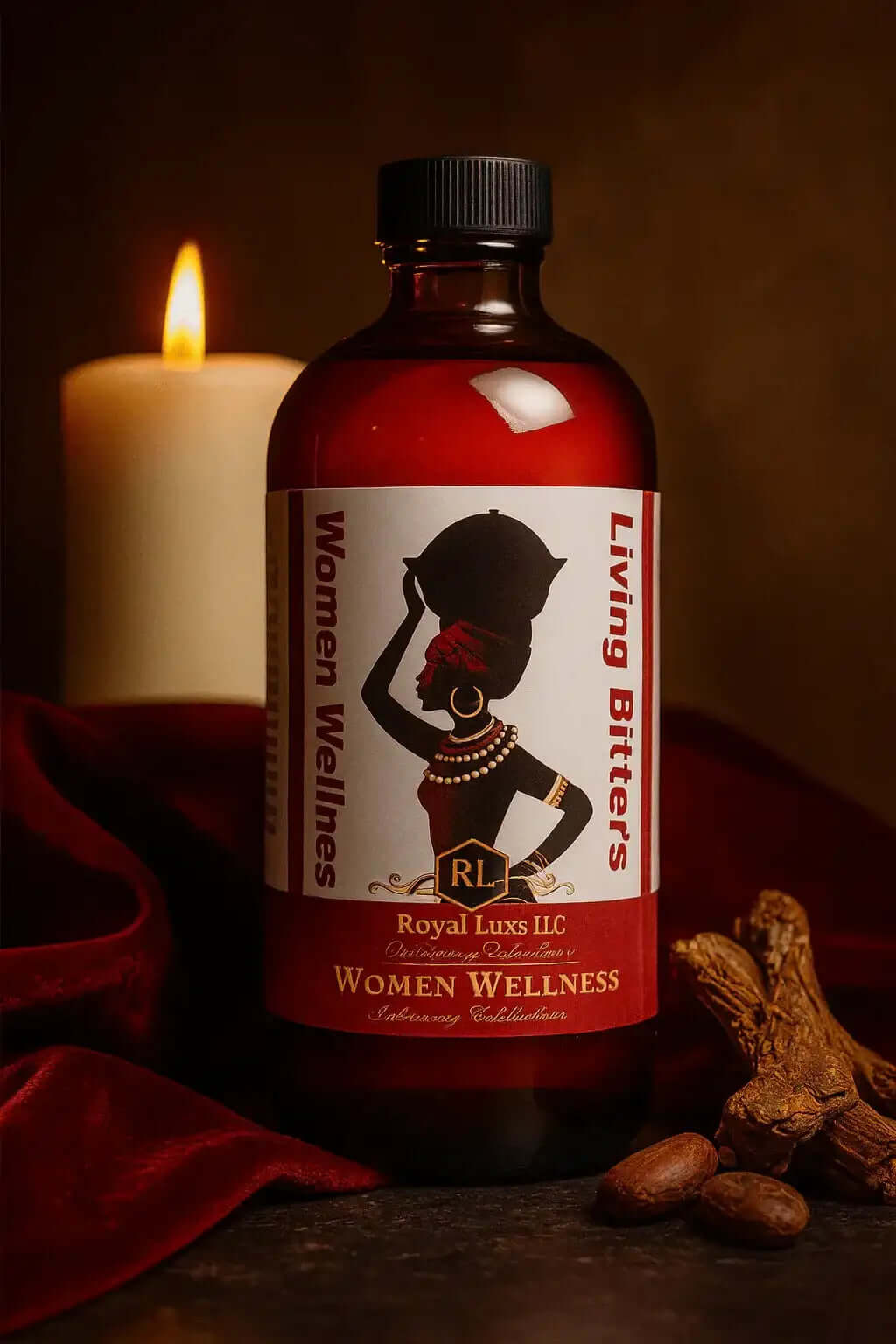 Royal Luxs LLC women wellness living bitters in dark amber bottle with candle and nuts background
