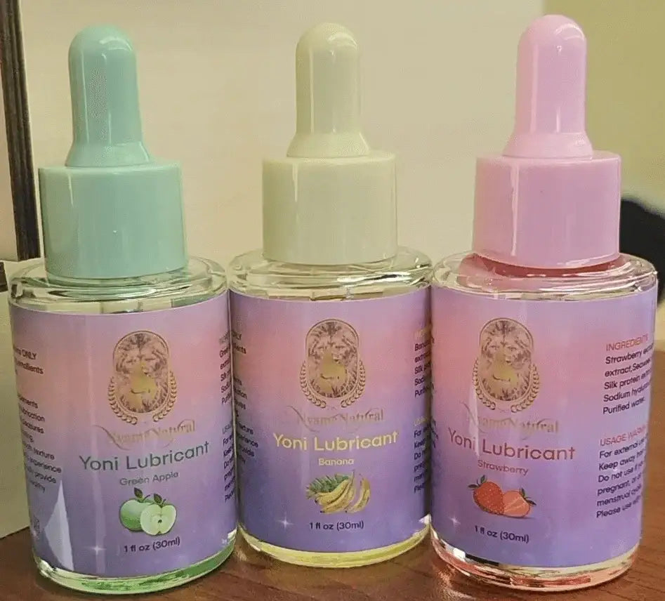 Yoni Lubricant - Natural moisture gel in three flavors: green apple, banana, strawberry for enhanced comfort.