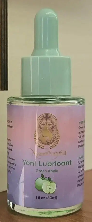 Yoni Lubricant Green Apple in a bottle, natural moisture support with herbal tonic ingredients.