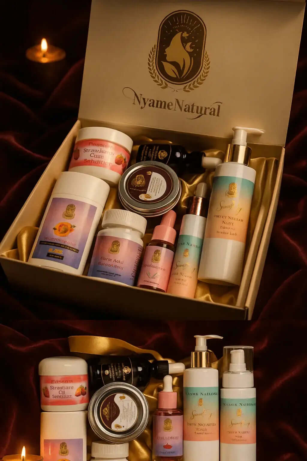Yum Yum refresh Box showcasing Nyame Natural products for feminine care, including washes and herbal tonics.