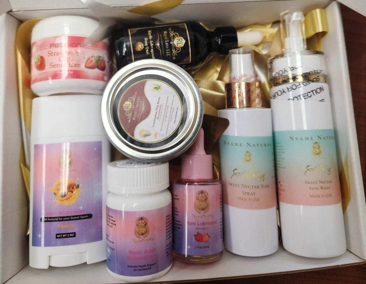Yum Yum refresh Box featuring natural feminine wellness products like Yoni sprays, washes, and herbal tonics.